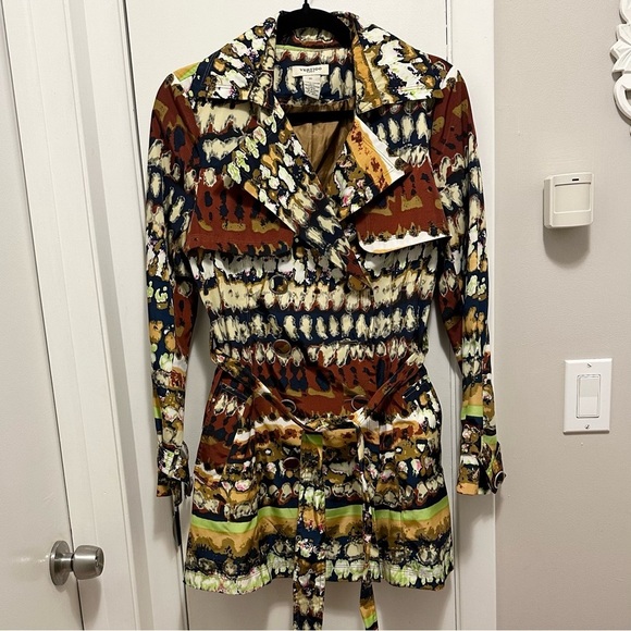 Vertigo Paris Trench Pea Coat Belted Lined Jacket Colorful Artsy Unique Women XS - Picture 3 of 11